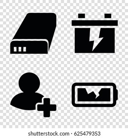 Plus icons set. set of 4 plus filled icons such as battery, add friend