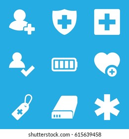 Plus icons set. set of 9 plus filled icons such as medical cross tag, medical sign, add favorite, add friend, battery, ful battery, plus