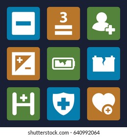 Plus icons set. set of 9 plus filled icons such as medical sign, 3 allowed, add favorite, add friend, hospital, broken battery, light exposure