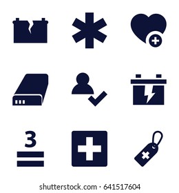 Plus icons set. set of 9 plus filled icons such as battery, medical cross tag, medical sign, 3 allowed, add favorite, broken battery, plus