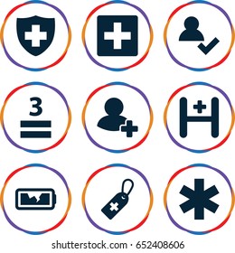 Plus icons set. set of 9 plus filled icons such as medical cross tag, medical sign, 3 allowed, add friend, hospital, broken battery, plus