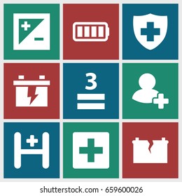 Plus icons set. set of 9 plus filled icons such as battery, medical sign, 3 allowed, add friend, hospital, ful battery, light exposure, broken battery