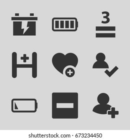 Plus icons set. set of 9 plus filled icons such as battery, 3 allowed, add favorite, add friend, hospital, ful battery, low battery, minus