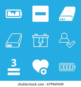 Plus icons set. set of 9 plus filled and outline icons such as 3 allowed, add favorite, battery, broken battery, ful battery, minus