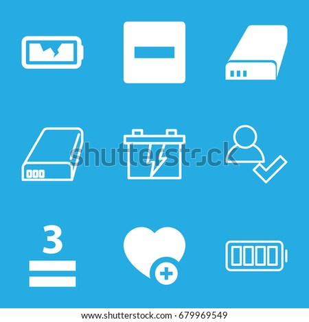 Plus icons set. set of 9 plus filled and outline icons such as 3 allowed, add favorite, battery, broken battery, ful battery, minus