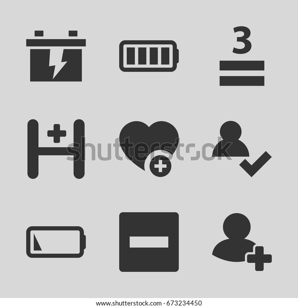 Plus icons set. set of 9 plus filled icons such as\
battery, 3 allowed, add favorite, add friend, hospital, ful\
battery, low battery,\
minus