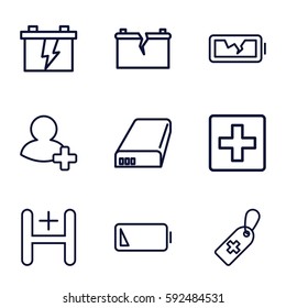plus icons set. Set of 9 plus outline icons such as battery, medical cross tag, add friend, hospital, low battery, broken battery