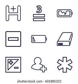 plus icons set. Set of 9 plus outline icons such as medical sign, 3 allowed, add friend, hospital, battery, low battery, broken battery, light exposure
