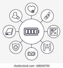 Plus icons set. set of 9 plus outline icons such as medical cross tag, medical sign, add favorite, add friend, hospital, battery, ful battery, broken battery