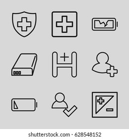 Plus icons set. set of 9 plus outline icons such as medical sign, add friend, hospital, battery, low battery, broken battery, light exposure, plus