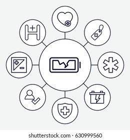 Plus icons set. set of 9 plus outline icons such as battery, medical cross tag, medical sign, add favorite, hospital, broken battery, light exposure