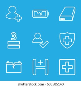 Plus icons set. set of 9 plus outline icons such as medical sign, 3 allowed, add friend, hospital, battery, broken battery, plus