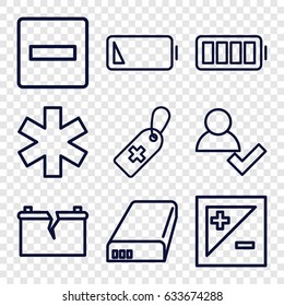 Plus icons set. set of 9 plus outline icons such as medical cross tag, medical sign, battery, ful battery, light exposure, minus
