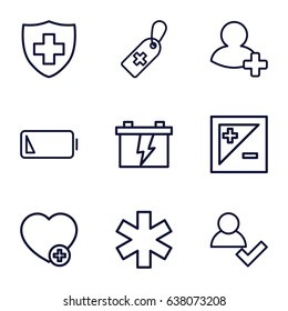 Plus icons set. set of 9 plus outline icons such as battery, medical cross tag, medical sign, add favorite, add friend, low battery, light exposure