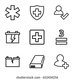 Plus icons set. set of 9 plus outline icons such as battery, medical sign, 3 allowed, add friend, broken battery, plus