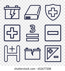 Plus icons set. set of 9 plus outline icons such as battery, medical sign, 3 allowed, hospital, light exposure, broken battery, plus