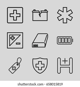Plus icons set. set of 9 plus outline icons such as medical cross tag, medical sign, hospital, battery, full battery, light exposure, broken battery