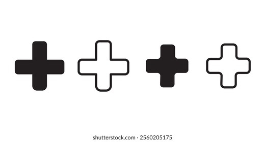 Plus Icons set. Add plus icon. Medical Plus icon. Cross sign isolated, Zoom icons. Set of plus icons. Vector illustration.