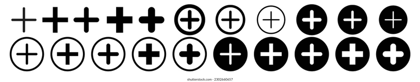 Plus icons set. Add a symbol button collection. Addition, medical and hospital symbols for apps and websites