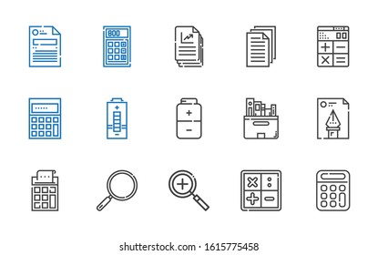 plus icons set. Collection of plus with calculator, math, zoom in, loupe, file, files, battery, calculating. Editable and scalable plus icons.