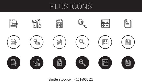 plus icons set. Collection of plus with file, battery, calculator, loupe, math, files. Editable and scalable plus icons.