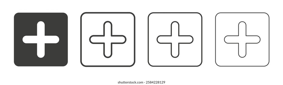 Plus icons set. Liner outlined and flat black color