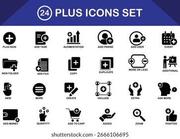 Ícones de adição definidos para interfaces da Web em preto no plano de fundo branco. Conjunto de coleção de 24 sinais de adição. Ilustração vetorial. Sinal de adição, adicionar tarefa, adicionar amigo, adicionar usuário, evento, nova pasta, adicionar arquivo, copiar