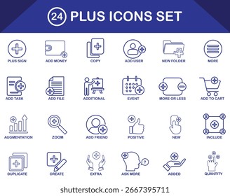 Colección de signos y símbolos en estilo de trazo en color azul sobre fondo blanco. Conjunto de más de 24 iconos en estilo de trazo. Ilustración vectorial. Más firmar, agregar tarea, agregar usuario, agregar archivo, más o menos