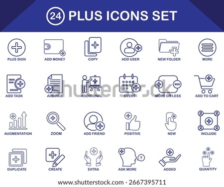 Plus icons set showing add, include, copy, new file, add user, zoom, positive mark, and additional options for interfaces.