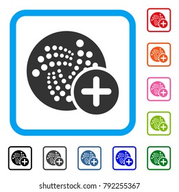 Plus Iota icon. Flat grey iconic symbol in a blue rounded rectangular frame. Black, grey, green, blue, red, orange color versions of plus iota vector. Designed for web and application user interface.