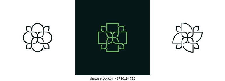 Plus Leaf Logo Concept sign icon symbol Element Design. Cross, Hospital, Clinic, Health Care Logotype illustration template