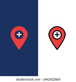 Plus, Location, Map, Marker, Pin  Icons. Flat and Line Filled Icon Set Vector Blue Background