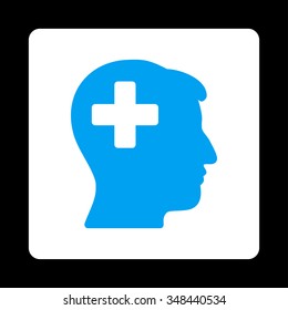 Plus Male Head vector icon. Style is flat rounded square button, blue and white colors, black background.