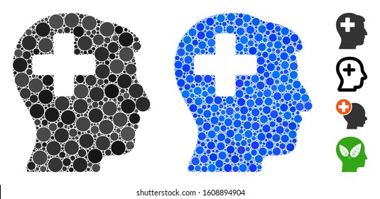 Plus man head mosaic of round dots in various sizes and color hues, based on plus man head icon. Vector round dots are grouped into blue collage. Dotted plus man head icon in usual and blue versions.