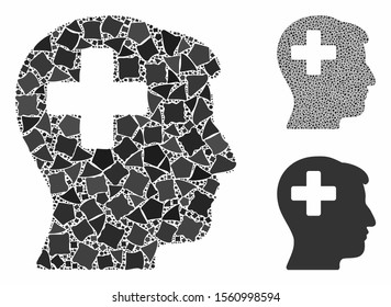 Plus man head mosaic of tremulant elements in different sizes and color tinges, based on plus man head icon. Vector ragged elements are organized into collage.