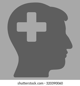 Plus Man Head vector icon. Style is flat symbol, dark gray color, rounded angles, silver background.