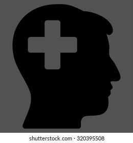 Plus Man Head vector icon. Style is flat symbol, black color, rounded angles, gray background.