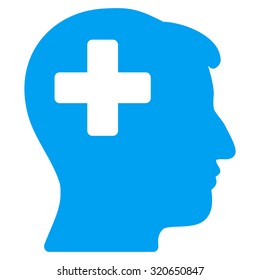 Plus Man Head vector icon. Style is flat symbol, blue color, rounded angles, white background.