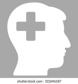 Plus Man Head vector icon. Style is flat symbol, white color, rounded angles, silver background.