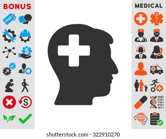 Plus Man Head vector icon. Style is bicolor flat symbol, blue and gray colors, rounded angles, white background.