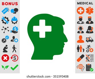 Plus Man Head vector icon. Style is bicolor flat symbol, green and gray colors, rounded angles, white background.