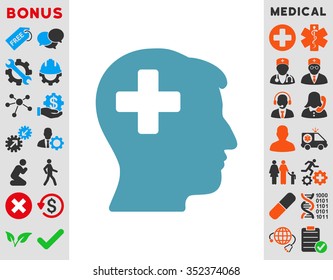 Plus Man Head vector icon. Style is flat symbol, cyan color, rounded angles, white background.