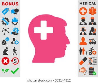 Plus Man Head vector icon. Style is flat symbol, pink color, rounded angles, white background.