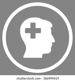 Plus Man Head vector icon. Style is flat circled symbol, white color, rounded angles, gray background.