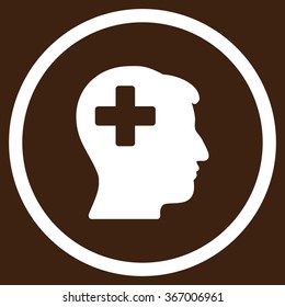 Plus Man Head vector icon. Style is flat circled symbol, white color, rounded angles, brown background.