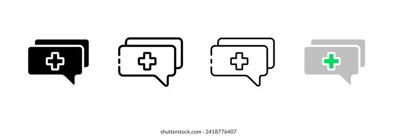 Plus message bubble icon set. Silhouette, linear, and flat style. Vector icons.