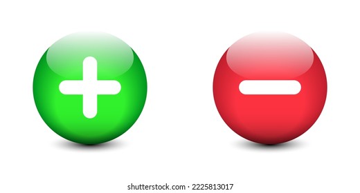 Plus minus in 3d style colorful buttons with shadows underneath. Positive and negative buttons. Flat vector illustration.