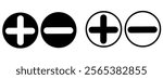 Plus, minus, add and subtract icon set in simple and stroke style in circle with black and white color. Plus and minus or add and subtract flat icons for apps and websites. Plus and minus sign. 