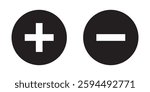 Plus, minus, add and subtract icon set in simple and stroke style in circle with black and white color. Plus and minus or add and subtract flat icons for apps and websites. eps 10