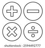 Plus, minus, add and subtract icon set in simple and stroke style in circle with black and white color. Plus and minus or add and subtract flat icons for apps and websites. eps 10